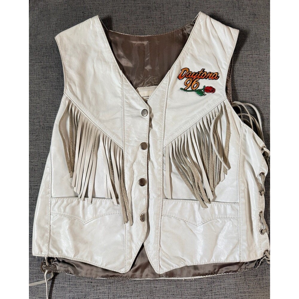 S.P. Leathers Vintage 1990’s White Leather Fringe Vest Daytona 96 size 9-10